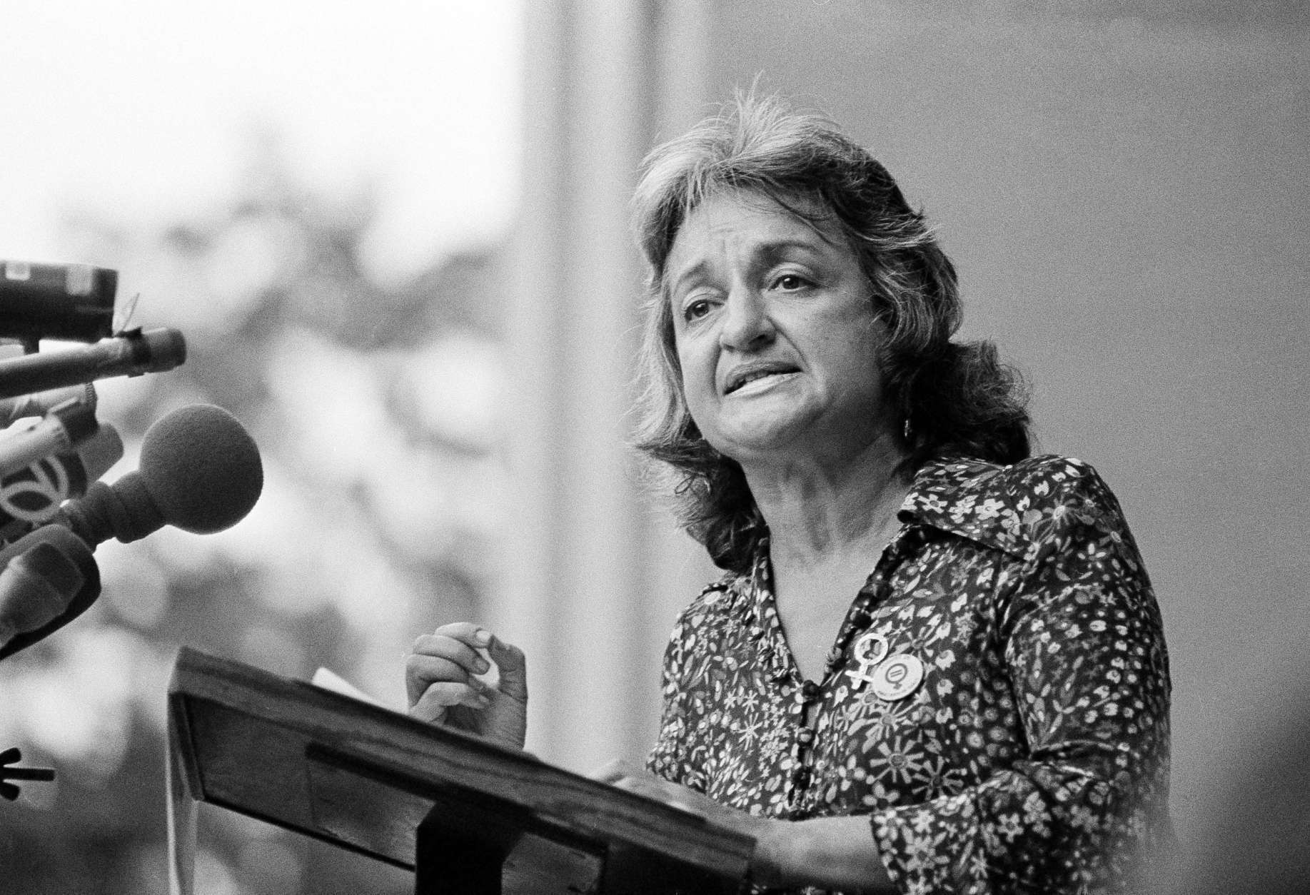 Betty Friedan, co-founder of National Organization for Women (NOW), speaks during the Women's Stirke for Eqality event in New York's Central Park on Aug. 26, 1970, the 50th anniversary of woman suffrage.  Some 5,000 marchers paraded up Fifth Avenue in the women's march for equality.  Friedan, whose manifesto "The Feminine Mystique" became a best seller in the 1960s and laid the groundwork for the modern feminist movement, died Saturday, Feb. 4, 2006 her birthday. She was 85.  (AP Photo)