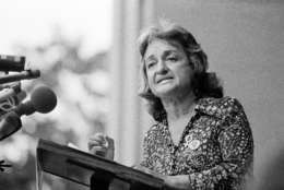 Betty Friedan, co-founder of National Organization for Women (NOW), speaks during the Women's Stirke for Eqality event in New York's Central Park on Aug. 26, 1970, the 50th anniversary of woman suffrage.  Some 5,000 marchers paraded up Fifth Avenue in the women's march for equality.  Friedan, whose manifesto "The Feminine Mystique" became a best seller in the 1960s and laid the groundwork for the modern feminist movement, died Saturday, Feb. 4, 2006 her birthday. She was 85.  (AP Photo)