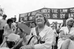 Hazel Hunkines Hallinnan, one of the original suffragist, fans herself after marching with supports of the Equal Rights Amendment down Pennsylvania Avenue in Washington on August 26, 1977. Thousands of women participated in the march which coincided with the 57th anniversary of womens suffrage. (AP Photo)