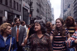 National Organization for Women co-founder Betty Friedan, center, participates in the Women's Strike for Equality in New York City, Aug. 26, 1970, the 50th anniversary of women's suffrage. Others are unidentified.  (AP Photo)