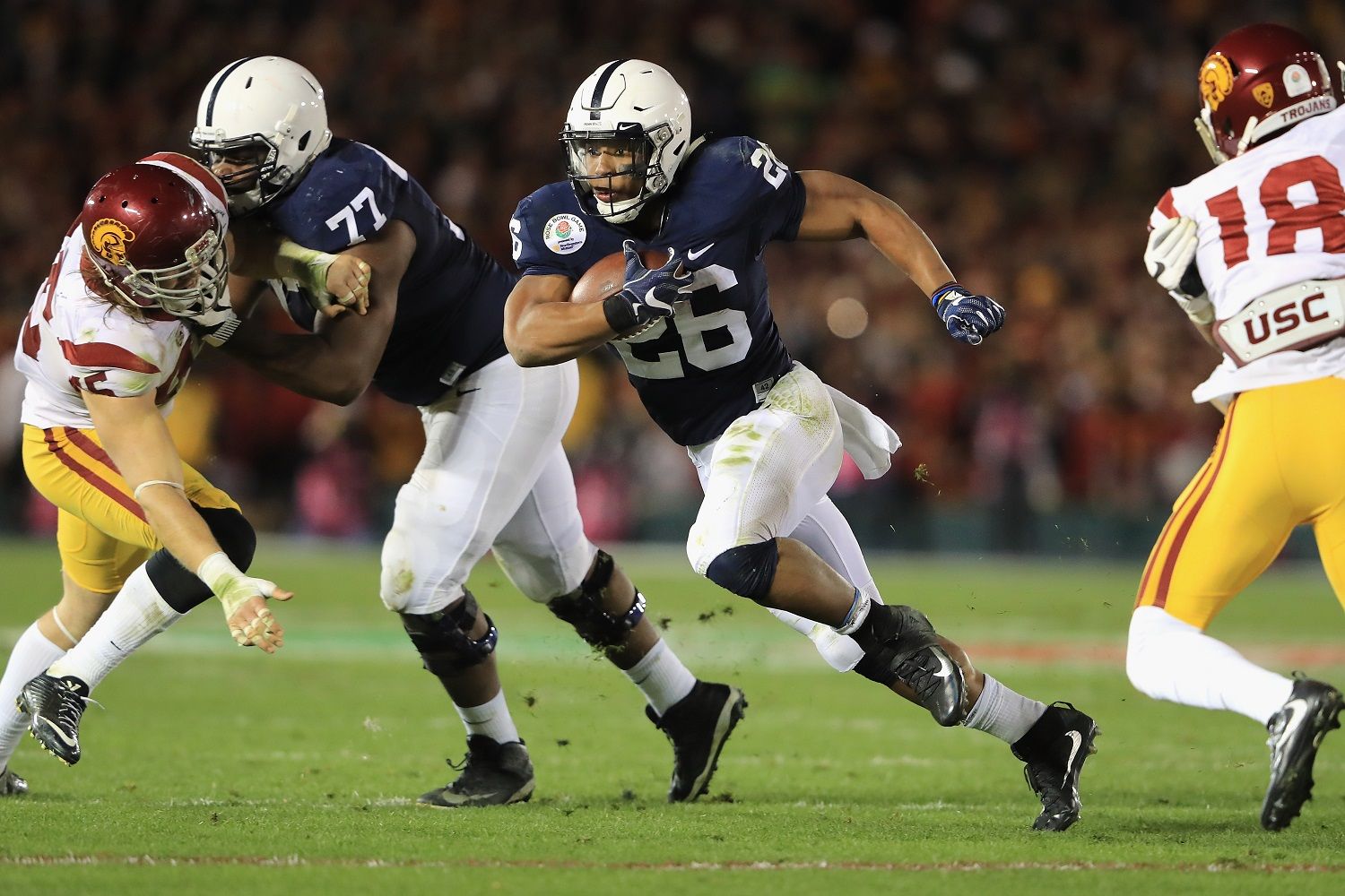 PASADENA, CA - JANUARY 02:  Running back Saquon Barkley #26 of the Penn State Nittany Lions runs with the ball against the USC Trojans during the 2017 Rose Bowl Game presented by Northwestern Mutual at the Rose Bowl on January 2, 2017 in Pasadena, California.  (Photo by Sean M. Haffey/Getty Images)