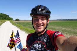 Spencer Buchness takes a selfie, all smiles, on May 31 after he rode 50 miles on the Katy Trail in Missouri. He called this one of his genuine smiles, naming this one of the top 10 moments of his trip. (Courtesy Spencer Buchness)