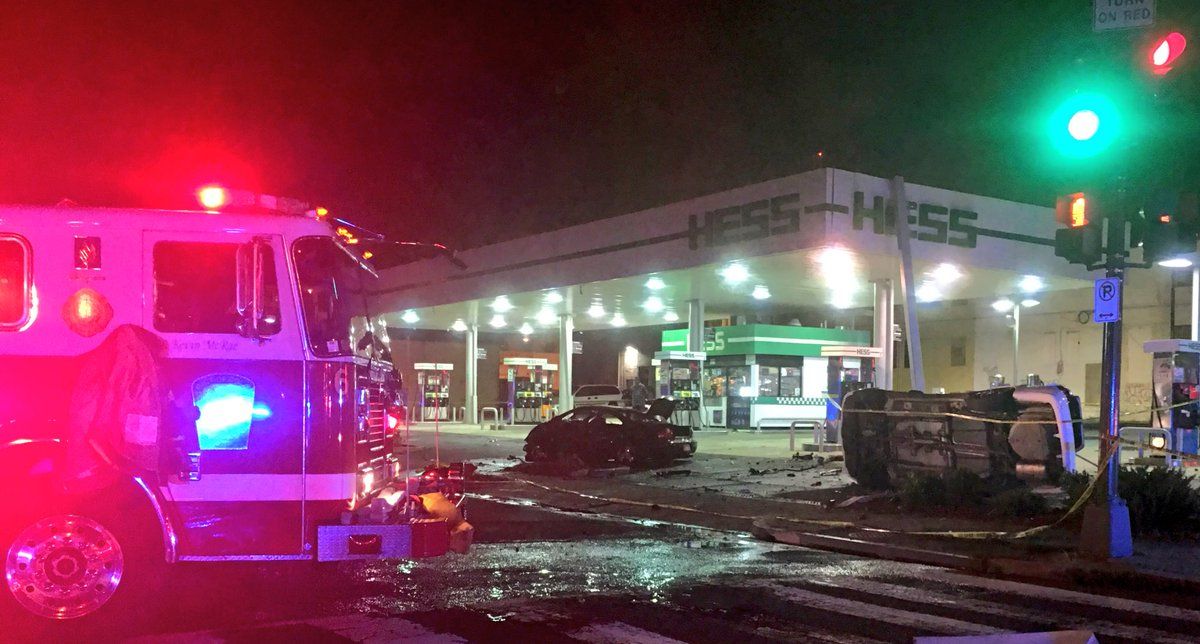 One person is dead and another seriously injured after a fiery crash at a Northeast D.C. gas station early Saturday morning. (Courtesy DC Fire and EMS)