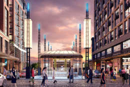 A rendering of the District Square project. Politics and Prose will open a store in the base of the retail building on the right. (Courtesy Hoffman Madison)