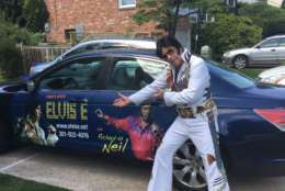 Elvis Presley tribute artist Elvis E with his customized car, in Potomac,. Maryland. (WTOP/Rick Massimo)