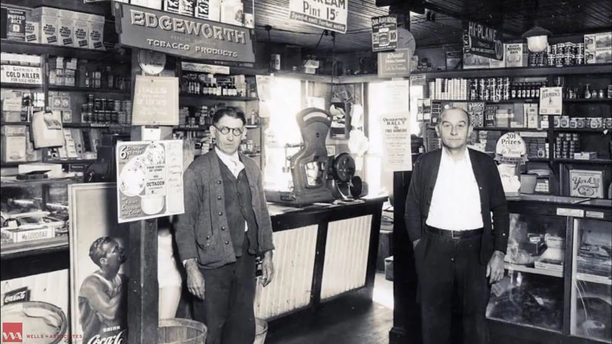 Frank and Charlie Myers inside Myers Market in 1930. (Courtesy Tysons Partnership)