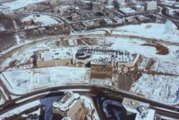 The completion of Tysons Galleria on a snowy winter morning in 1988. (Courtesy Tysons Partnership)