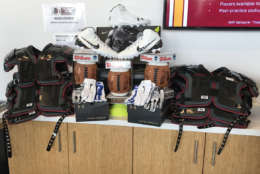 Some of the gear the Redskins and Good Sports donated Tuesday. (WTOP/George Wallace)