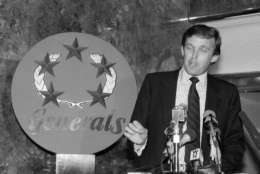 New Jersey Generals owner Donald Trump speaks to reporters after he and fellow United States Football League owners met in Teaneck, N.J., April 29, 1985. The owners reaffirmed their decision to switch to a fall schedule in 1986, but will do so without the Tampa Bay Bandits. (AP Photo/Marty Lederhandler)