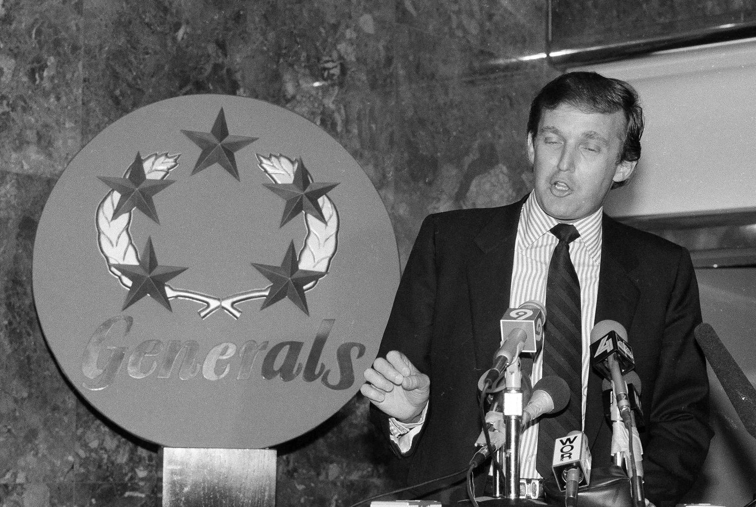 New Jersey Generals owner Donald Trump speaks to reporters after he and fellow United States Football League owners met in Teaneck, N.J., April 29, 1985. The owners reaffirmed their decision to switch to a fall schedule in 1986, but will do so without the Tampa Bay Bandits. (AP Photo/Marty Lederhandler)