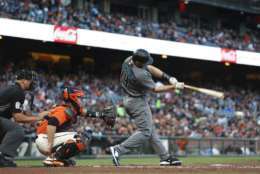 SAN FRANCISCO, CA - AUGUST 4: Paul Goldschmidt #44 of the Arizona Diamondbacks sonnets for a single during the second inning against the San Francisco Giants at AT&amp;T Park on August 4, 2017 in San Francisco, California. (Photo by Stephen Lam/Getty Images)