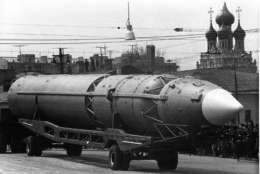 A 120-foot-long intercontinental ballistic missile is moved across Moscow's Red Square, on May 9, 1965, during the Victory Day parade commemorating the 20th anniversary of the defeat of Nazi Germany in World War II. (AP Photo)