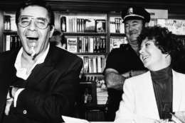 Comedian Jerry Lewis, left, with his fianc?e Sandee Pitnick, clowns around Saturday during an autograph session on Saturday, Oct. 10, 1982 at a Cambridge, Mass., bookstore where he was promotong his new book, "Jerry Lewis in Person."   (AP Photo/Keith Jacobson)