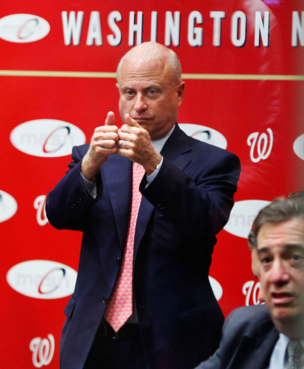 Washington Nationals owner Mark Lerner flashes two thumbs up after the Nationals selected pitcher Stephen Strasburg with the first pick in baseball's draft, at Nationals Park in Washington, Tuesday, June 9, 2009. (AP Photo/Manuel Balce Ceneta)