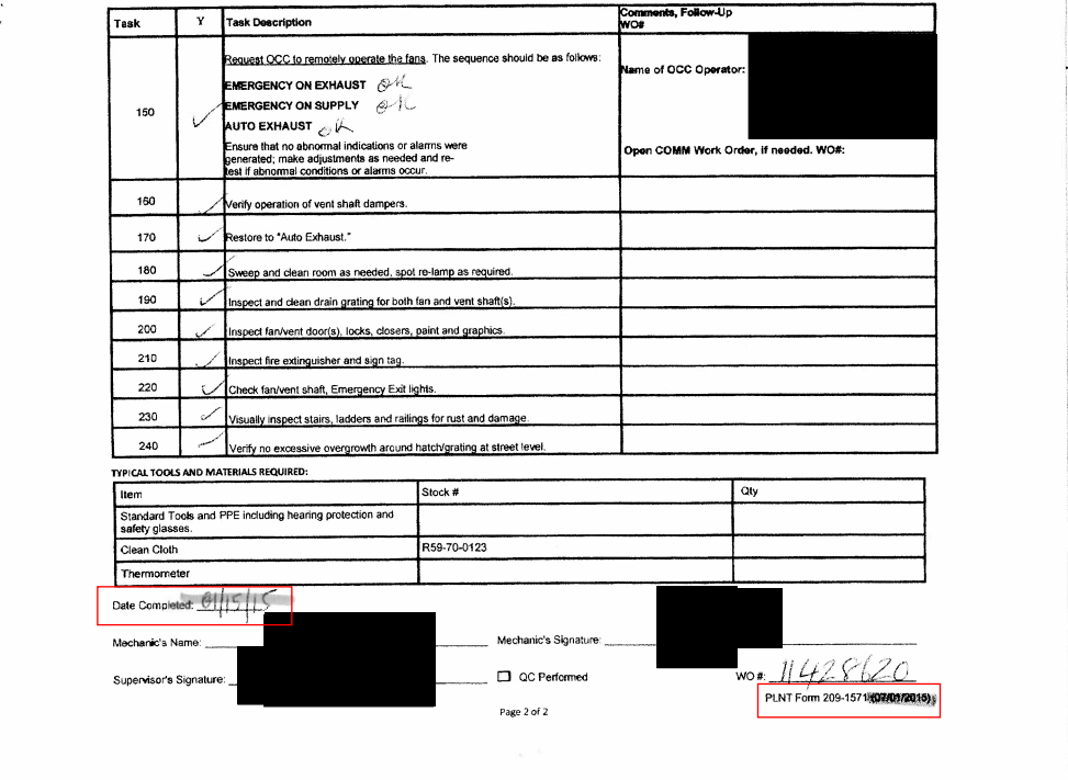 An example of the faked forms cited in Metro's internal report. Note the date the report was listed as completed, January 15, 2015, is nearly seven months before the form the report was filled out on was created. (Courtesy WMATA)