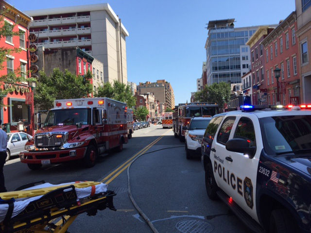 Looking eastbound on H Street, just east of where crime tape went up around the accident. (WTOP/James Hoeflinger)