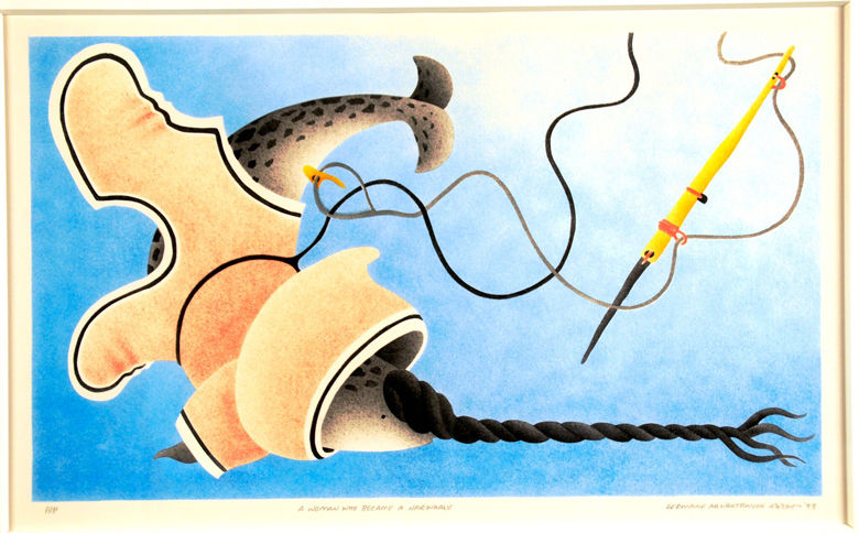 “A Woman Who Became a Narwhal” is an illustration by Inuit artist Germaine Arnaktauyok presenting her interpretation of Inuit oral tradition about a woman who became a narwhal. “Narwhal: Revealing an Arctic Legend” will present Inuit perspectives on their relationship with narwhals and the latest scientific knowledge about these animals, while illuminating the inter-connectedness among narwhals, people and their ecosystems. (Courtesy Germaine Arnaktauyok, Artist/Stephen Loring)