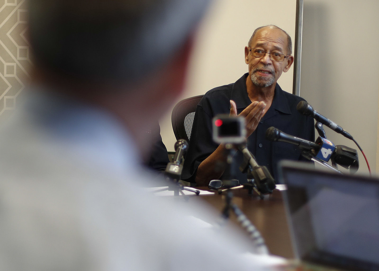 Phillip Butler, victim of a cross burning on his property forty years ago, speaks during a news conference at his attorney's office in Washington, Wednesday, Aug. 23, 2017. Forty years ago, Catholic Priest William Aitcheson, was a Ku Klux Klan "wizard", has come forward after decades as a Catholic priest, he's coming forward about his past. (AP Photo/Pablo Martinez Monsivais)