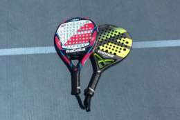 POP Tennis rackets are made of a memory foam composite and are several inches shorter than a traditional racket. (WTOP/Noah Frank)