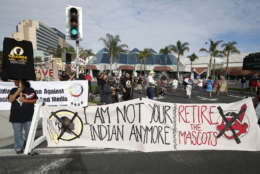 Many activists say the name Redskins is offensive, in recent years there has been an increased effort to attempt to get the team to change the name. In this photo from 2014, a group protests the Washington Redskins name across from Levi's Stadium before an NFL football game between the Redskins and the San Francisco 49ers. (AP Photo/Tony Avelar)
