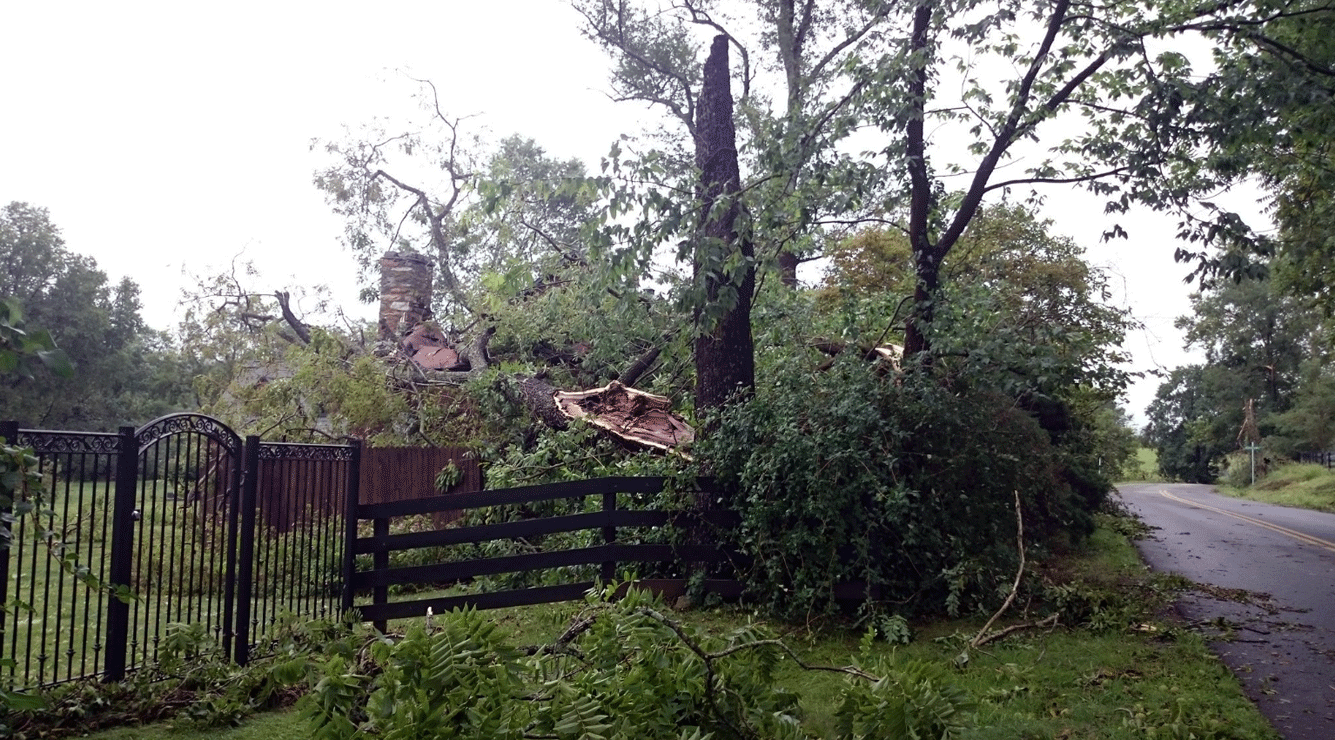 A historic building on Georgetown Road in Virginia, dating back to the 1830s, was destroyed by a fallen tree during storms on August 11, 2017. (WTOP/Dennis Foley) 