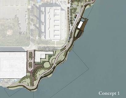 For "Concept 1" the trail is on the ground along the edge of the waterfront. (Courtesy National Park Service)