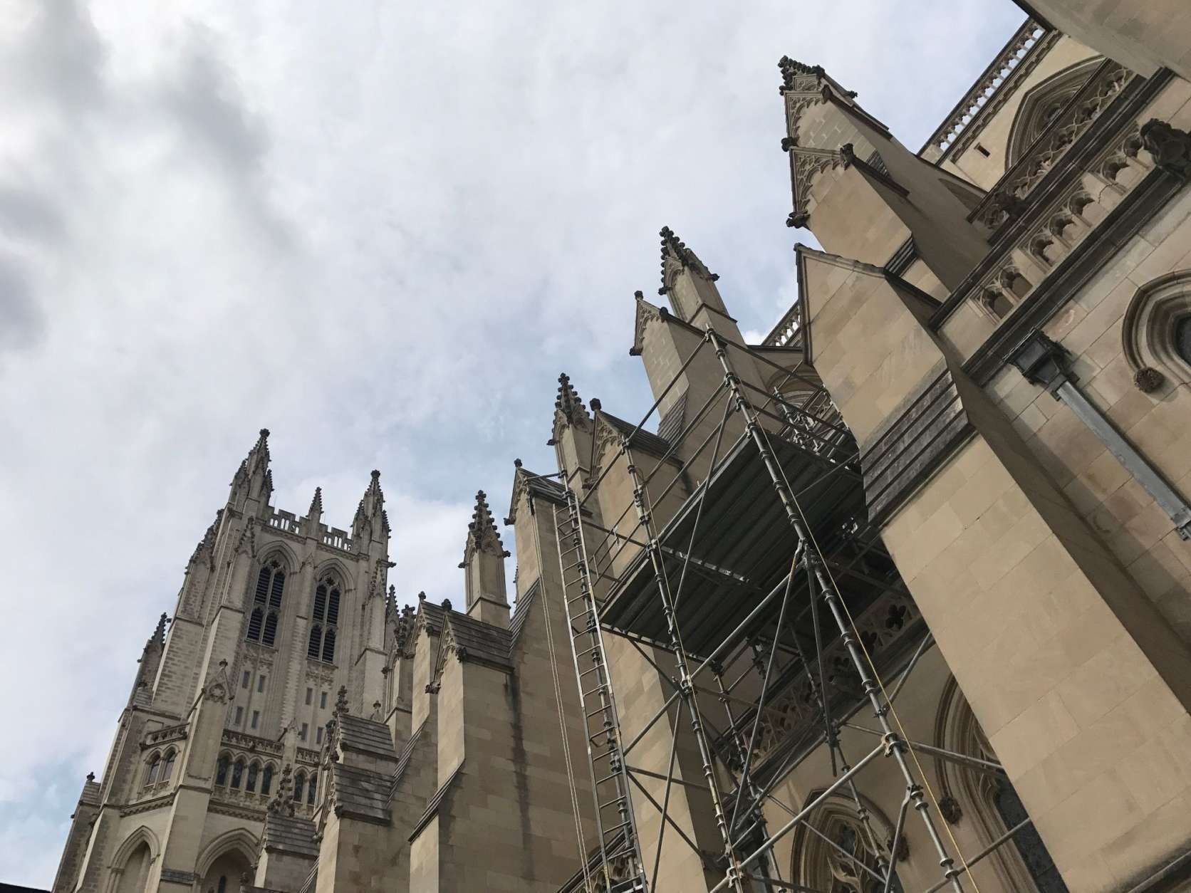 The prophets and stone surrounding them damaged in the earthquake were removed from the south transept of the National Cathedral. (WTOP/Megan Cloherty)