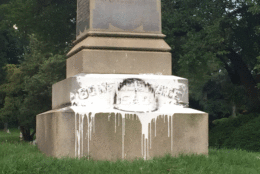In the early hours of Thursday, someone splashed white pain on the base of the Confederate graves monument. (Courtesy Fairfax City)
