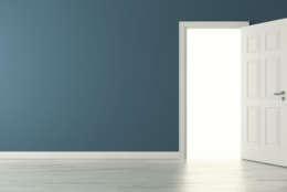 high-resolution opened door with blue wall concept 3D rendering background for your project