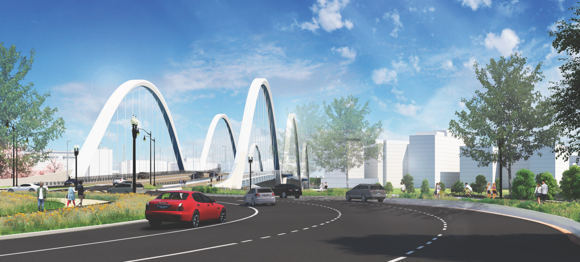 The 68-year-old bridge’s replacement, years in the making, is scheduled to open in March 2021. Its design features four pedestrian overlooks, three above-deck arches and two piers that will appear to float in the river. (Courtesy DDOT)