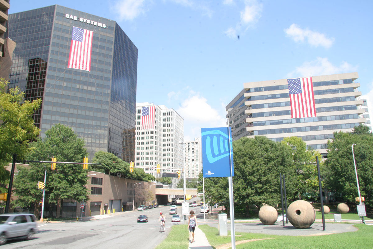 The tradition of draping American flags from the tops of Rosslyn office buildings is now in its 16th year. (Courtesy Rosslyn Business Improvement District).