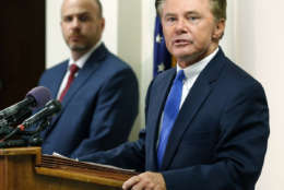 John McCarthy, Montgomery County Md., States Attorney, right, talks to the media along with Bedford County Prosecutor Wes Nance, left, after a plea by Lloyd Lee Welch Jr., for the killings of Sheila and Katherine Lyon in 1975, in Bedford County Circuit Court in Bedford, Va., Tuesday, Sept. 12, 2017. Welch plead guilty to two first degree murder charges and was sentenced to two consecutive 48-year terms. (AP Photo/Steve Helber)