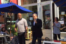 Comedians Dave Chappelle and Jerry Seinfeld exiting The Diner in D.C. after filming a segment for Seinfeld's show "Comedians in Cars Getting Coffee." (WTOP/Kristi King)