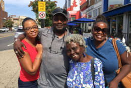 “It’s good to see people that you admire in the flesh and see they look totally and completely real,” said Lonna Hooks (far right), about spotting Dave Chappelle filming a TV episode with Jerry Seinfeld in D.C.'s Adams Morgan neighborhood. Left to right: Allyson Anderson of Manassas, Virginia; Earl Hooks; Juanita Hooks; and Lonna Hooks of D.C. Earl joked to his sister Lonna that he planned to have Chapelle there for her birthday. (WTOP/Kristi King)