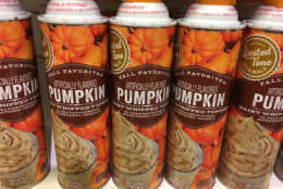 Pumpkin-spice-flavored whipped cream at a Northwest D.C. Giant. What else are you going to top your pumpkin spcie latte with? (WTOP/Jack Moore)