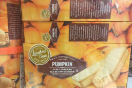A summer favorite now fall-flavore: pumpkin-flavored ice cream sandwiches available at Giant. (WTOP/Jack Moore)