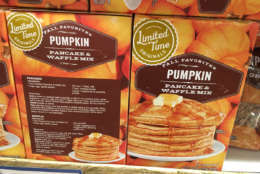 Another pumpkin-spice breakfast option: Pancake and waffle mix available at Giant. (WTOP/Jack Moore)