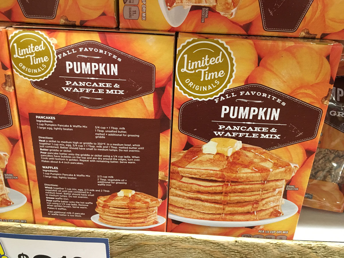 Another pumpkin-spice breakfast option: Pancake and waffle mix available at Giant. (WTOP/Jack Moore)