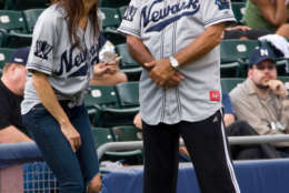 Danielle Staub and Frank Vincent attend a celebrity softball game between Hot 97 &amp; Kiss-FM hosted by the Newark Bears in Newark, New Jersey, Tuesday, June 23, 2009. (AP Photo/Charles Sykes)