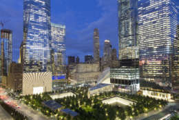 In this Friday, Sept. 8, 2017 photo, the National September 11 Memorial and Museum, bottom, is surrounded by high-rise towers in New York. The new towers are: WTC 1, second from left, WTC 7, third from left, WTC 3, second from right, and WTC 4, right. Monday will mark the sixteenth anniversary of the terrorist attacks. (AP Photo/Mark Lennihan)