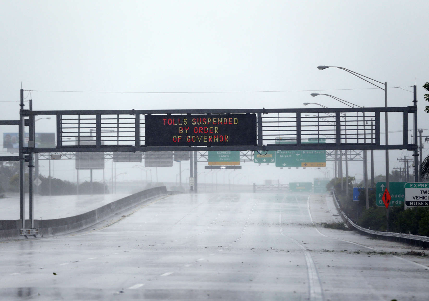 Interstate 95 Northbound is deserted as Hurricane Irma passes by, Sunday, Sept. 10, 2017, in Miami. (AP Photo/Wilfredo Lee)