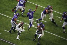 Minnesota Vikings quarterback Case Keenum (7) throws a pass during the second half of an NFL football game against the Tampa Bay Buccaneers, Sunday, Sept. 24, 2017, in Minneapolis. (AP Photo/Bruce Kluckhohn)