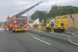 Howard County Fire crews fight a truck fire on Southbound Interstate 95 on Friday, Sept. 22, 2017. (Courtesy Maryland State Highway Administration)
