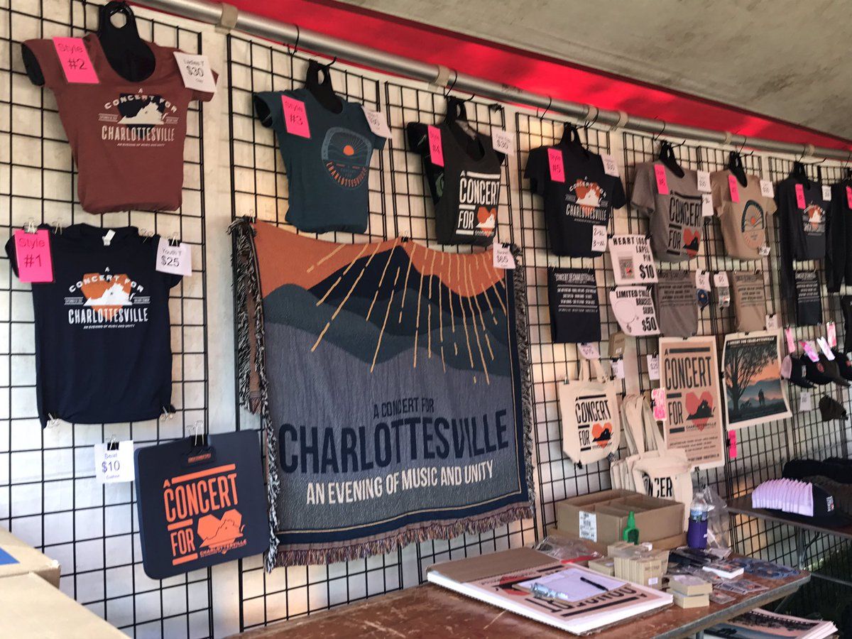 A look at the merchandise on sale. Net proceeds will be donated to the Concert for Charlottesville fund. (WTOP/Michelle Basch)