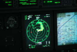 Weather radar from inside the cockpit of the WC-130 aircraft shows the eyewall of powerful Hurricane Irene as it churns above the Bahamas on Thursday, August 25, 2011. (WTOP/Dave Dildine) 