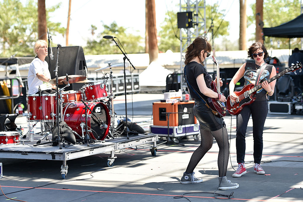 INDIO, CA - APRIL 23: Musicians (L - R) Laura Harris, Mary Timony and Betsy Wright of Ex Hex perform onstage during day 2 of the 2016 Coachella Valley Music & Arts Festival Weekend 2 at the Empire Polo Club on April 23, 2016 in Indio, California. (Photo by Mike Windle/Getty Images for Coachella)