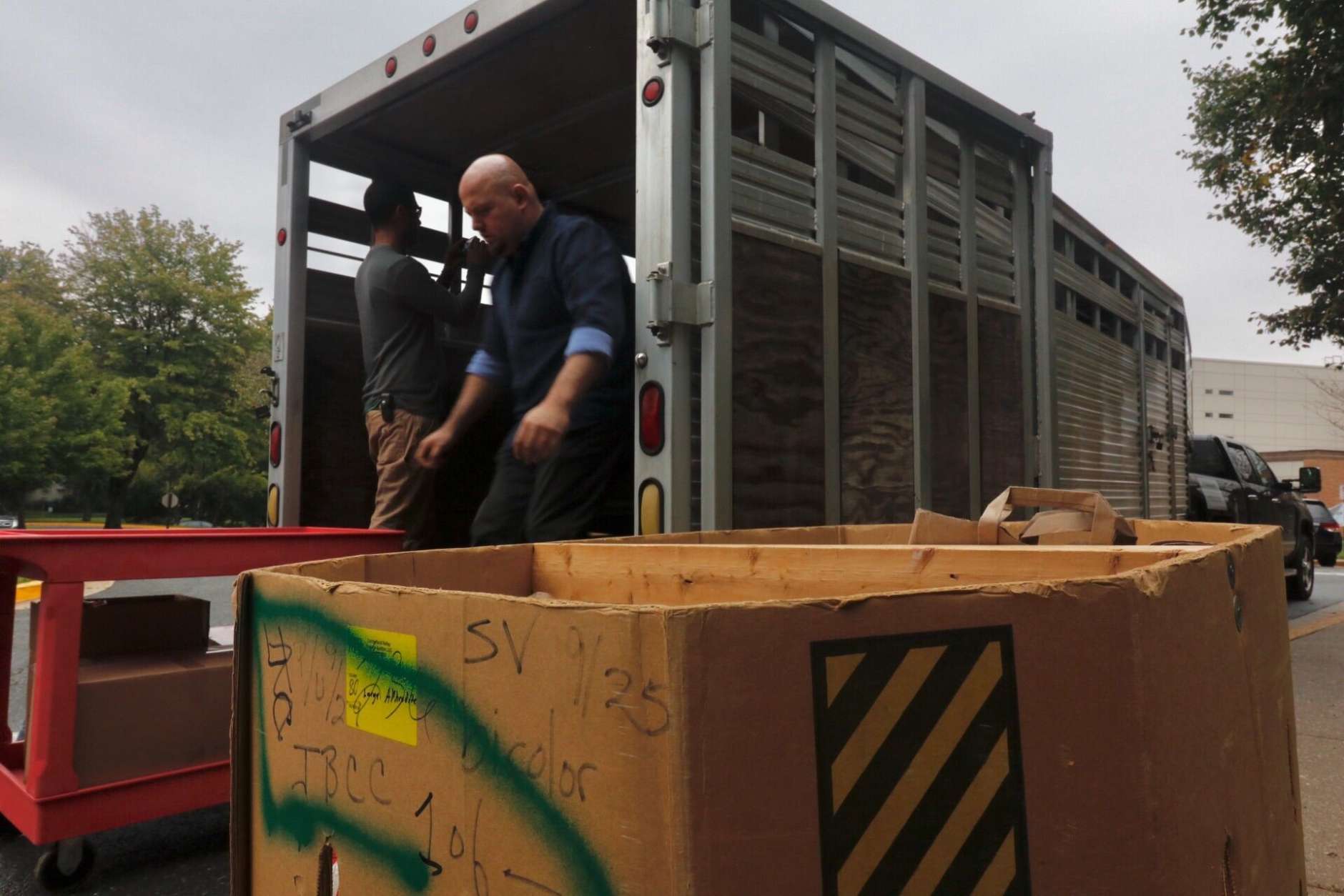 The borrowed trailer is packed with food, diapers and other goods, which were collected by congregants at the Washington Hebrew Congregation in Potomac, Maryland. (WTOP/Kate Ryan)