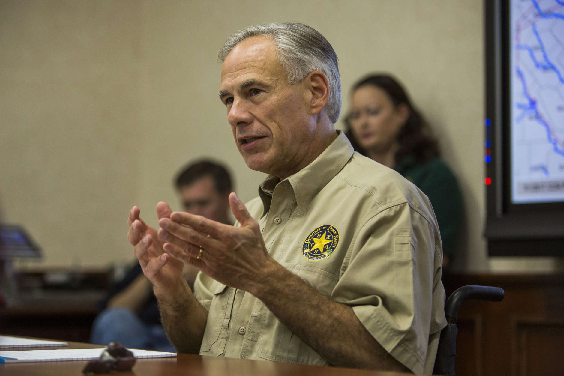 AUSTIN, TX - SEPTEMBER 01: Texas Governor Greg Abbott is briefed on Hurricane Harvey at the Texas Department of Public Safety building on September 1, 2017 in Austin, Texas.  Hurricane Harvey has caused wide spread flooding and mass evacuations in the Houston area.  (Photo by Drew Anthony Smith/Getty Images)