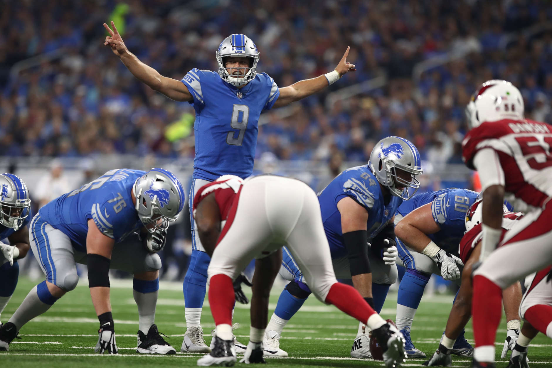 DETROIT, MI - SEPTEMBER 10: Matthew Stafford #9 of the Detroit Lions calls a play in the first half in the against the Arizona Cardinals at Ford Field on September 10, 2017 in Detroit, Michigan. (Photo by Gregory Shamus/Getty Images)