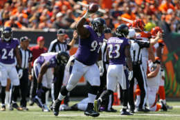 CINCINNATI, OH - SEPTEMBER 10:  Michael Pierce #97 of the Baltimore Ravens celebrates after recovering a fumble during the third quarter of the game against the Cincinnati Bengals at Paul Brown Stadium on September 10, 2017 in Cincinnati, Ohio. (Photo by Michael Reaves/Getty Images)